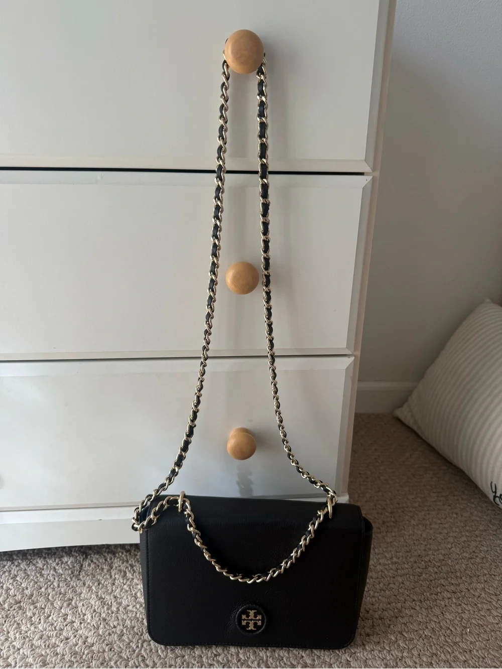 Tory Burch Black Leather Crossbody with Gold Chain Strap